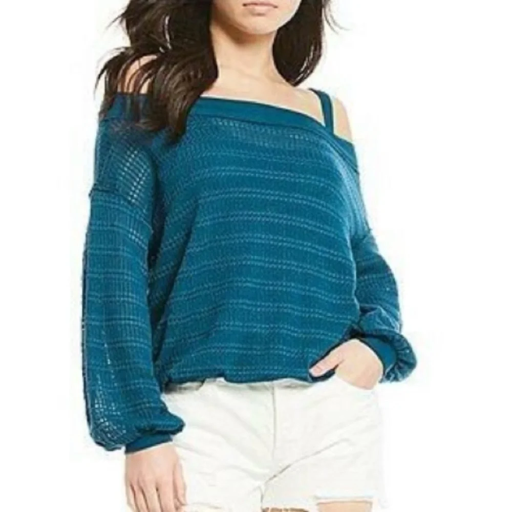 Free People Off shoulder blouse Top Blue XS Teal Treasure NWT long sleeve top
